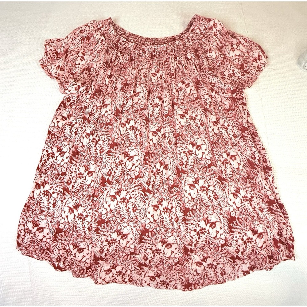 Liz Claiborne Red White Floral Peasant Blouse M Rayon Smocked Boho Cottagecore - Picture 2 of 8